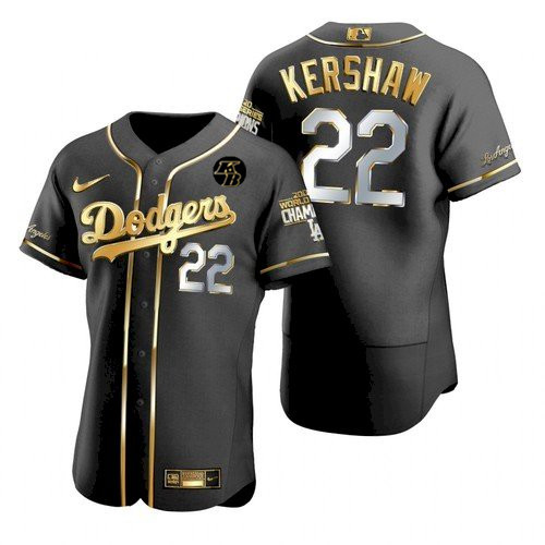 Men's Los Angeles Dodgers #22 Clayton Kershaw Black Golden MLB 2020 World Series Champions Sttiched Jersey Men's Los Angeles Dodgers #22 Clayton Kershaw Black Golden MLB 2020 World Series Champions Sttiched Jersey